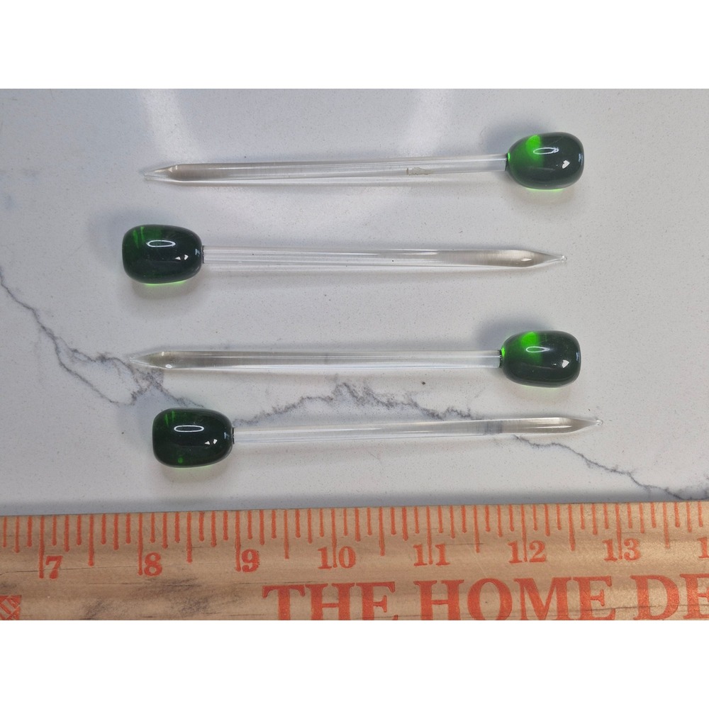 Vintage‎ Glass Olive Swizzle Sticks Set of 4 Green Pimento Martini Stirrers 5.5"